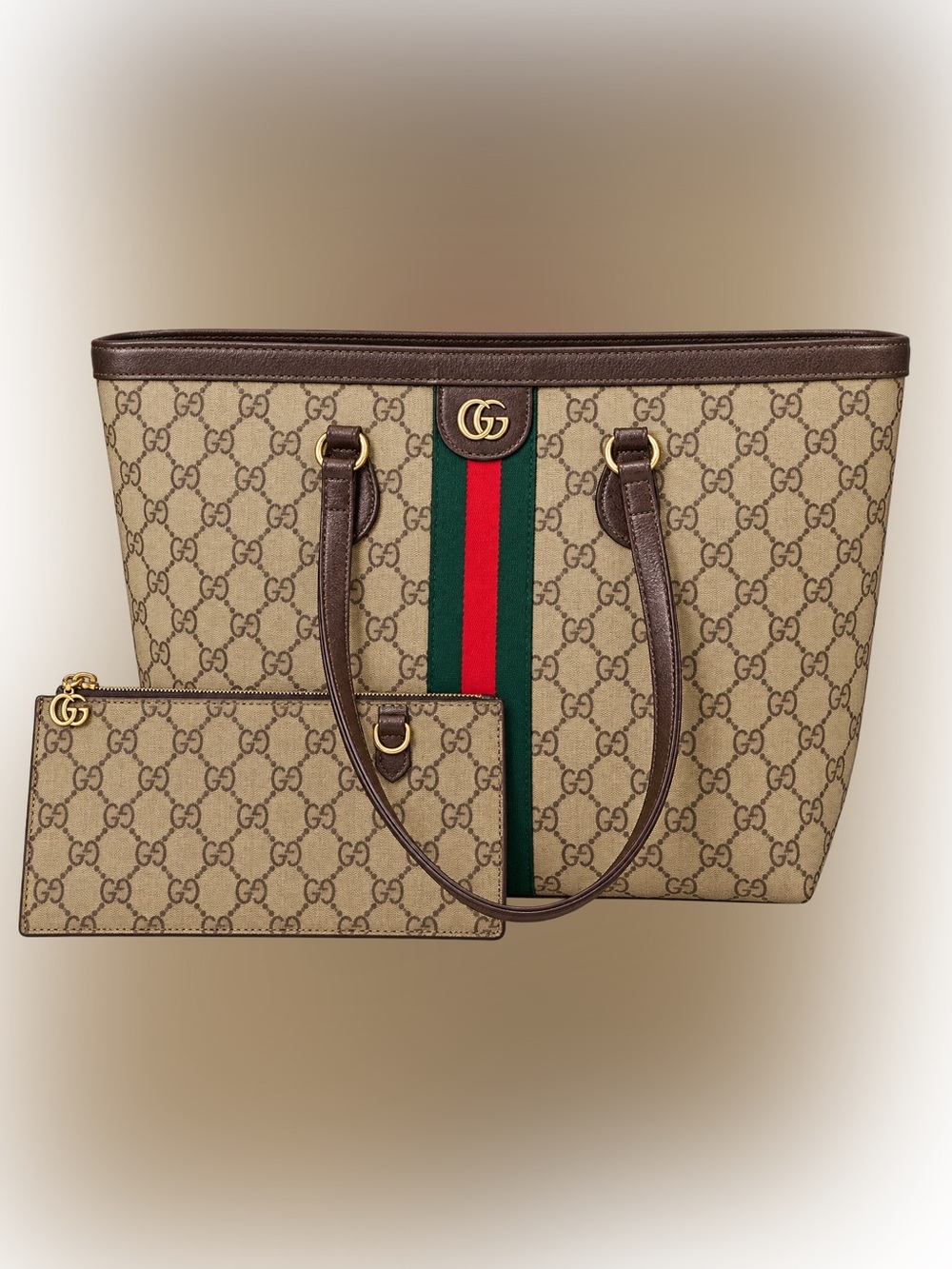 Gucci Brown Beige GG Canvas Tote with Green-Red Stripe - Picture 2 of 9